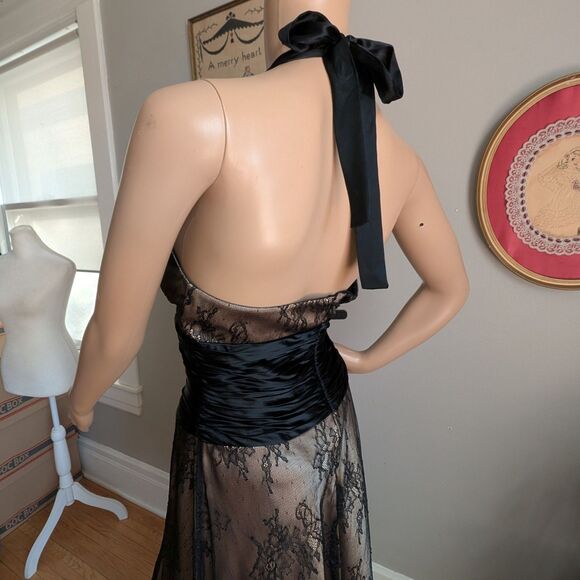 Vintage 1990s Jones New York Halter Dress Lace Satin Midi Formal Gothic Size 6 - Picture 9 of 9